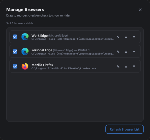 Turnstile Manage Browsers screen with Edge and Firefox entries