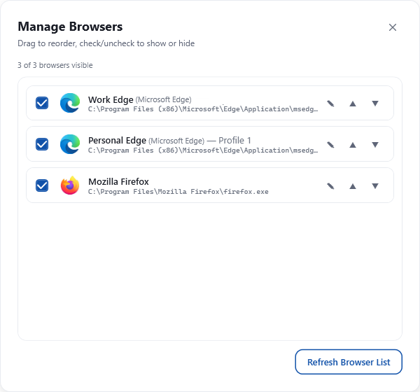 Turnstile Manage Browsers screen with Edge and Firefox entries
