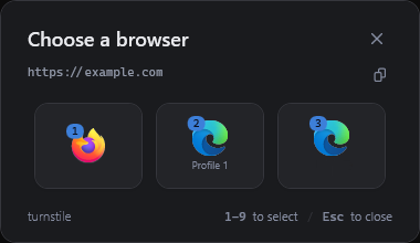 Turnstile picker showing browser choices for example.com