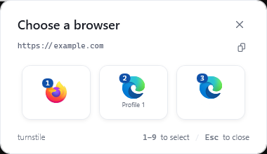 Turnstile picker showing browser choices for example.com