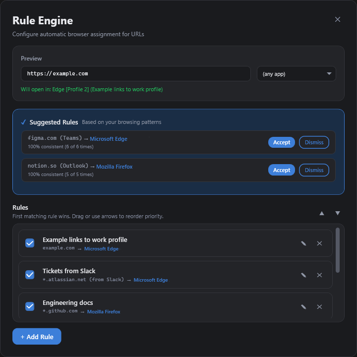 Turnstile Rule Engine screen with suggested URL routing rules