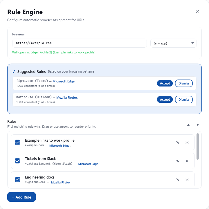 Turnstile Rule Engine screen with suggested URL routing rules