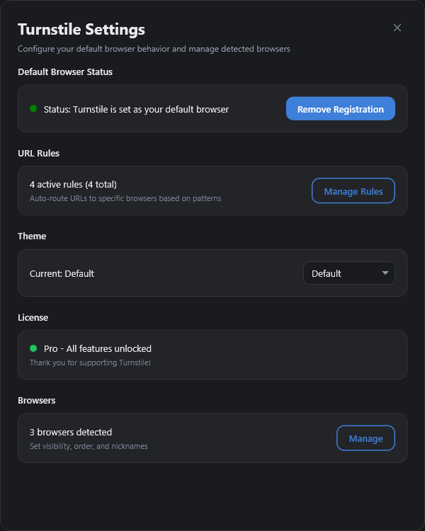 Turnstile Settings screen showing default-browser status, theme, license, and browser controls