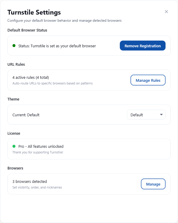 Turnstile Settings screen showing default-browser status, theme, license, and browser controls